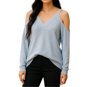 DYNAMITE Cold Shoulder Cutout Sweater Baby Blue Ribbed V-Neck Lightweight Size M